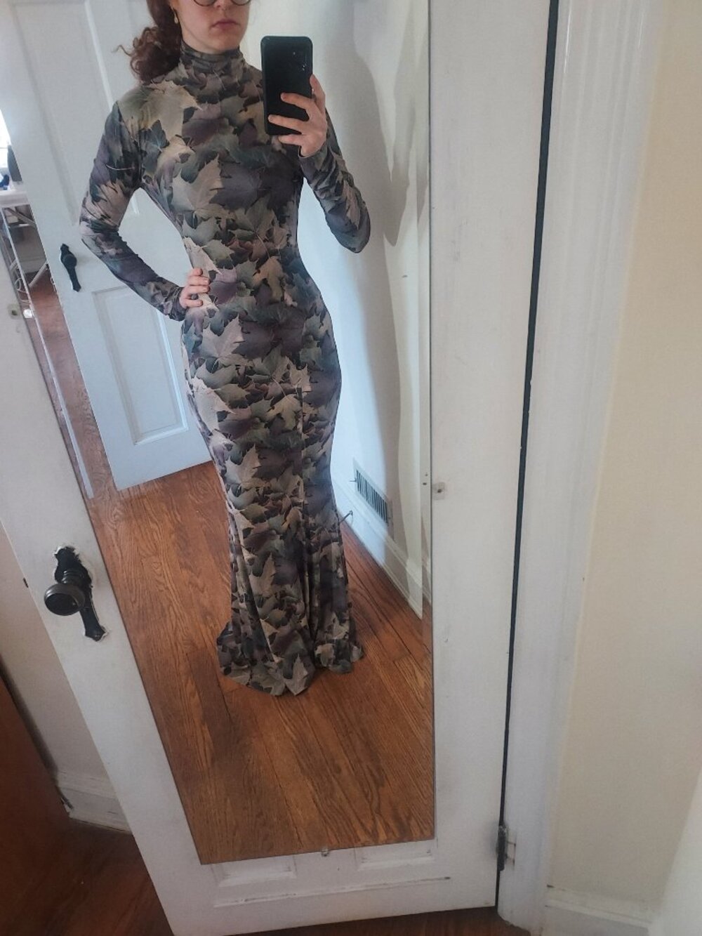Norma Kamali Turtleneck Fishtail Autumn Leaves Gown Dress
